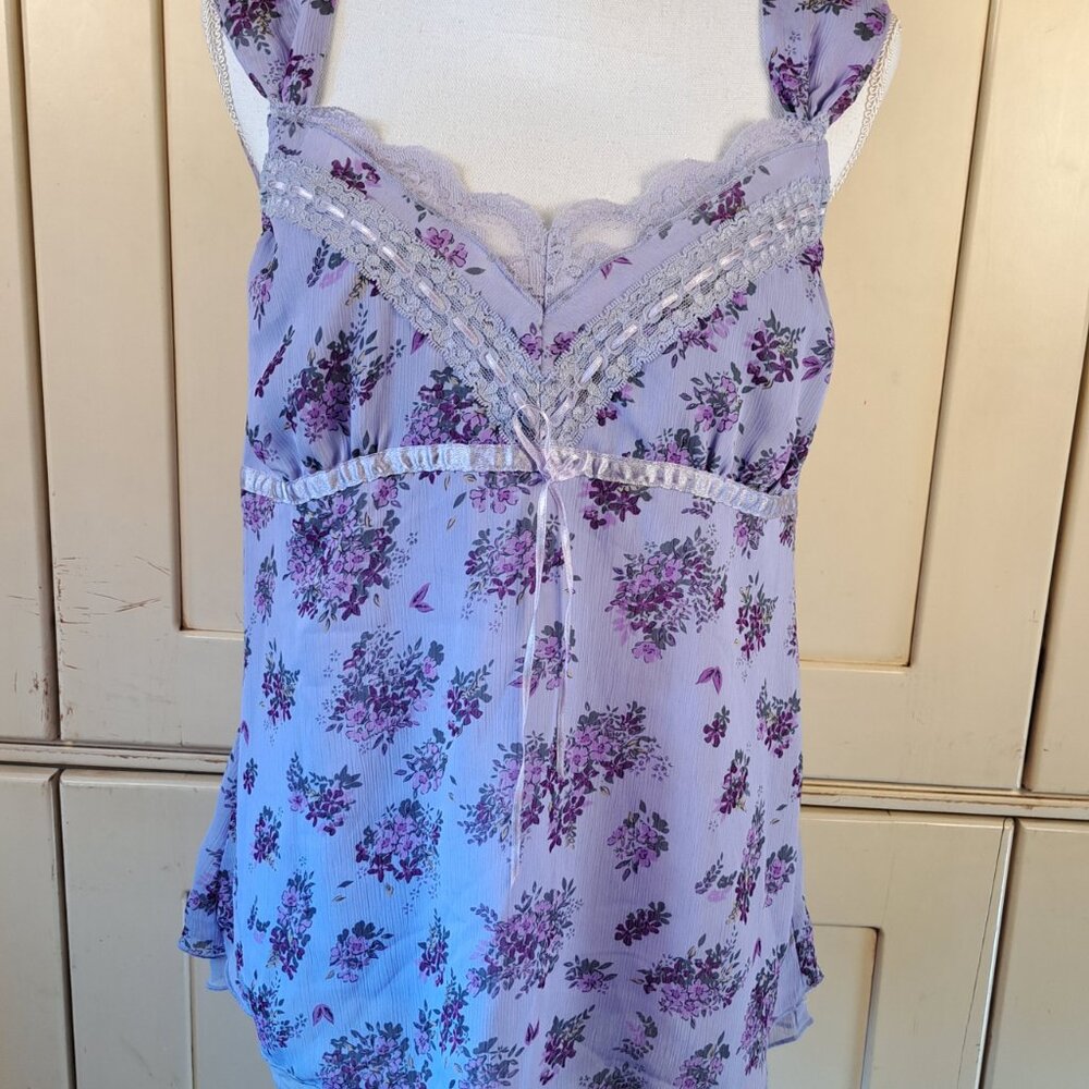 Apt 9 Women's Lilac Floral Babydoll Ribbon Lace Y2K Fairy Chemise Top Size Lg